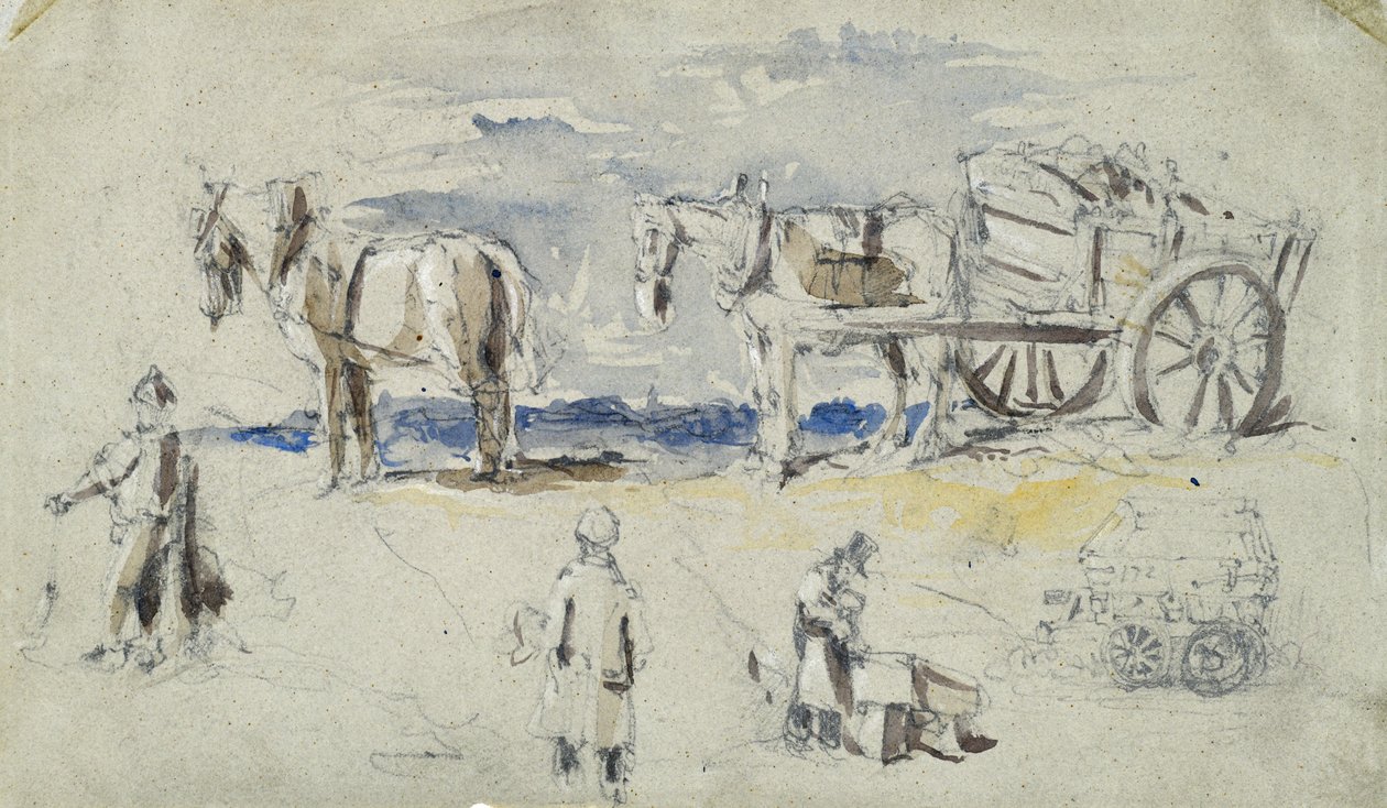 Stavba londýnské a birminghamské železnice, kolem roku 1835 (tužka s lazurou na papíře; složená skica) od John Cooke Bourne