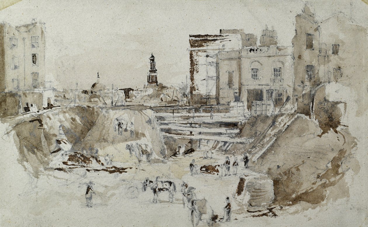 Lontoon ja Birminghamin rautatien rakentaminen, n. 1835 (kynä pesulla paperilla) od John Cooke Bourne