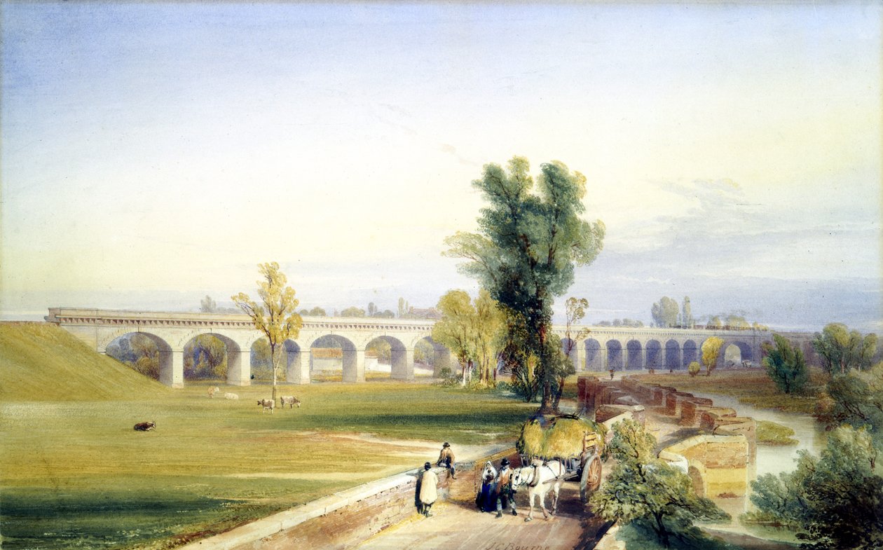 Dutch River Bridge, Hull and Doncaster Branch, North Eastern Railway, 1847 (pero, inkoust a wc na papíře) od John Cooke Bourne