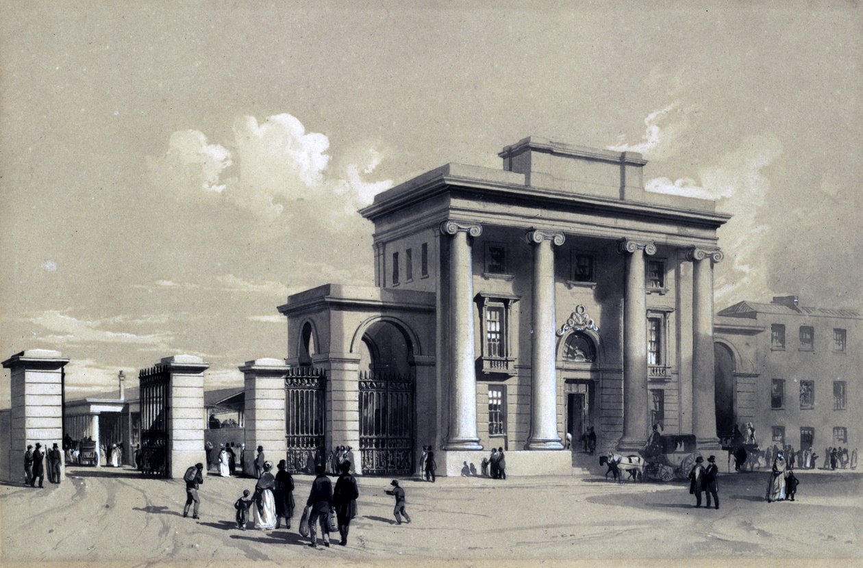 Vchod do Birminghamského nádraží, září 1838 (pero, inkoust a mytí na papíře) od John Cooke Bourne