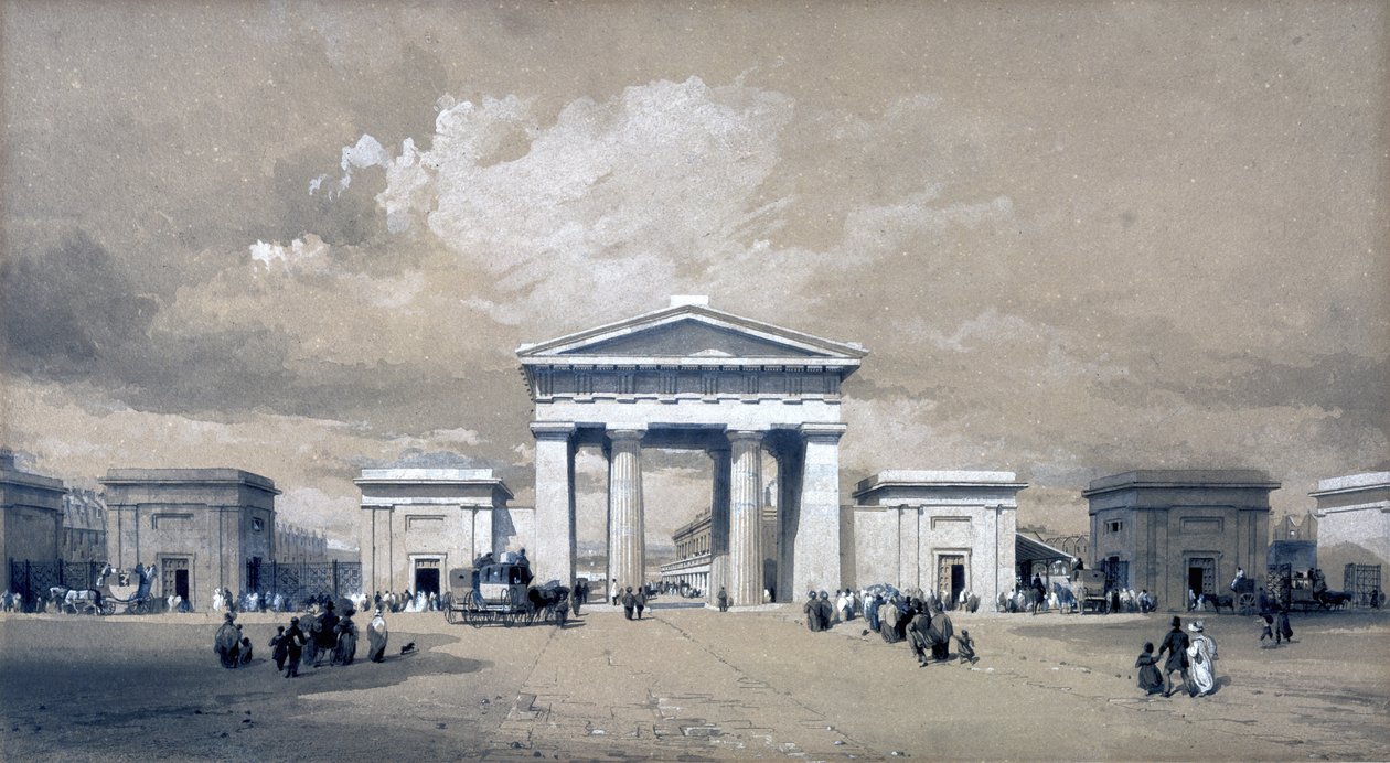 Euston Arch, duben 1838 (pero a inkoust a mytí na papíře) od John Cooke Bourne
