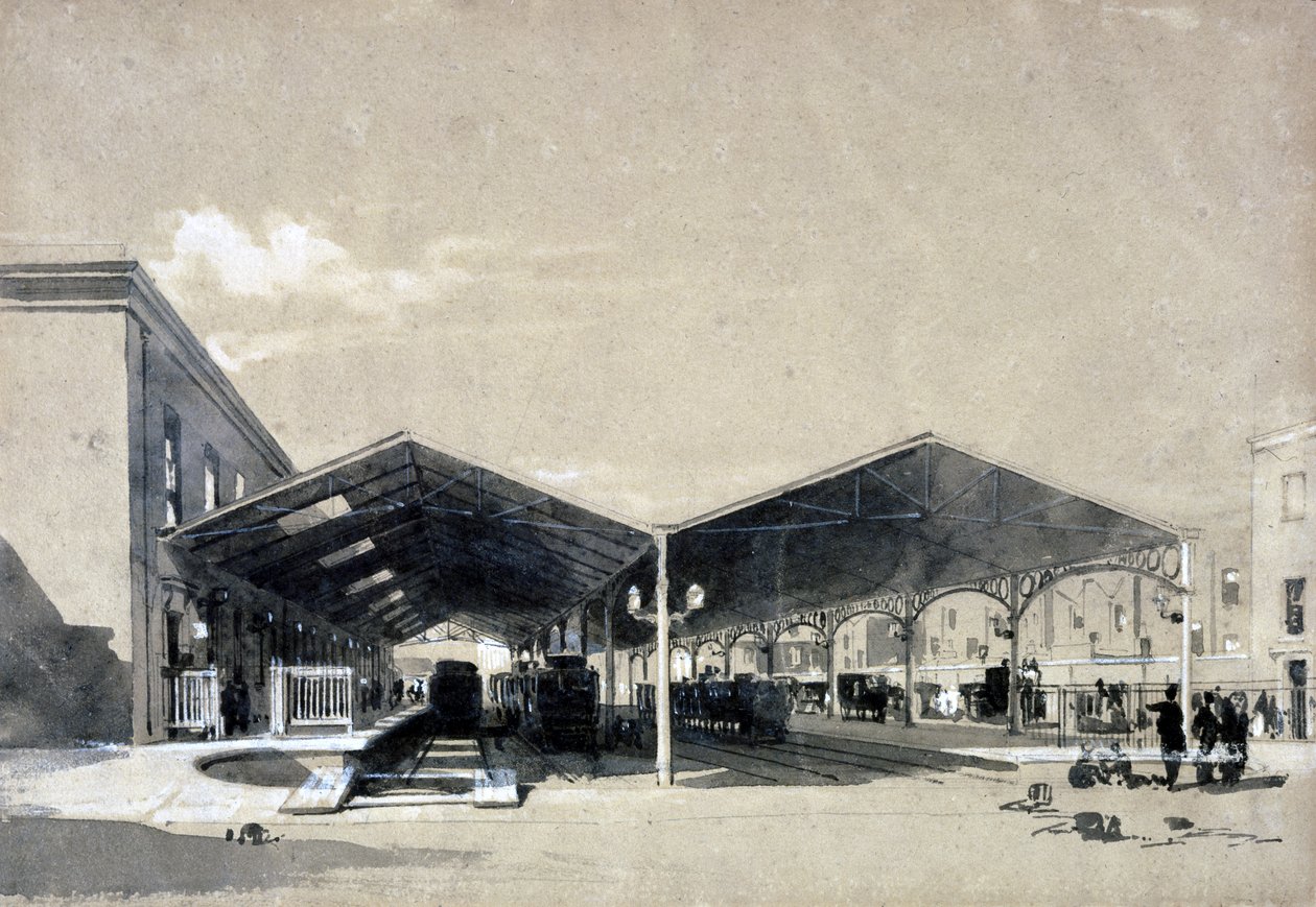 Interiér stanice Euston, květen 1837 (pero, inkoust a mytí na papíře) od John Cooke Bourne