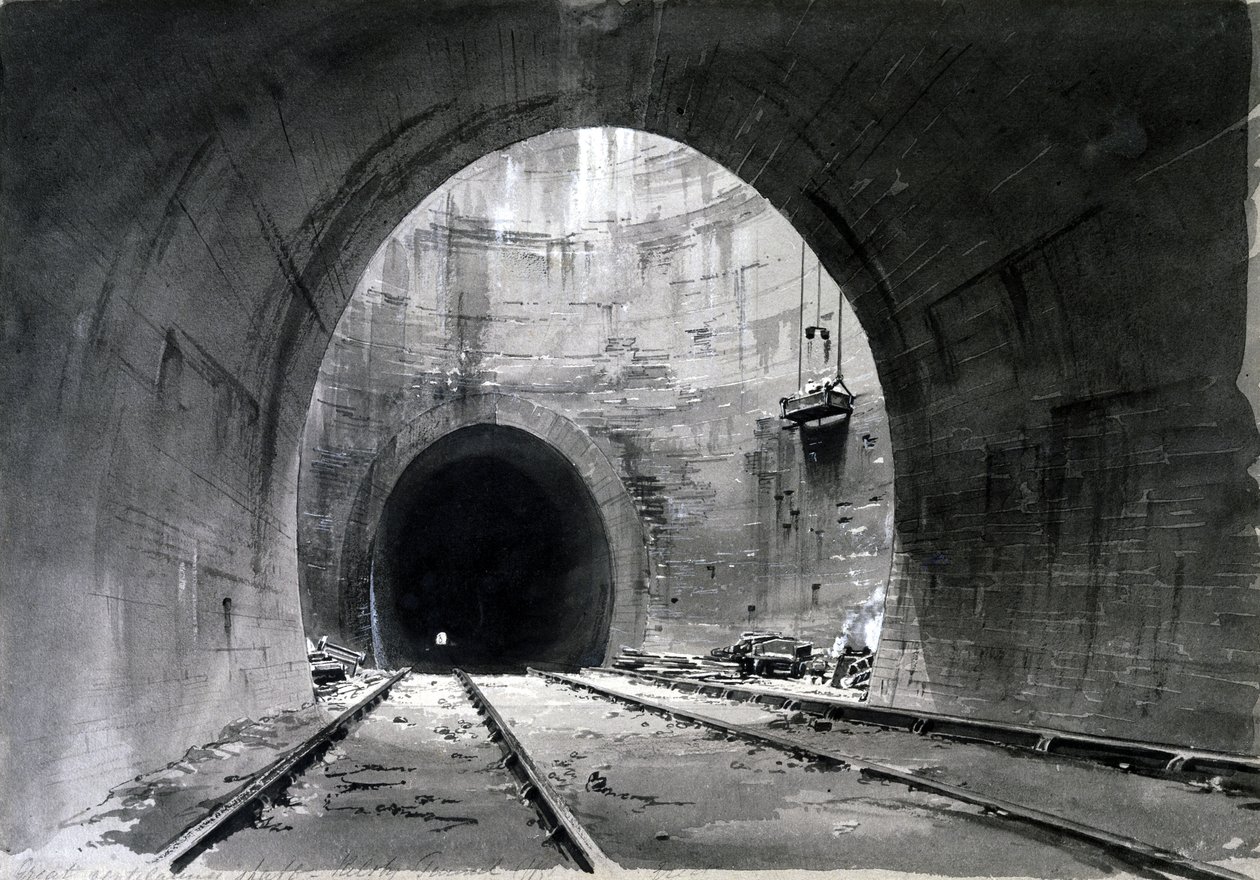 Skvělá ventilační šachta, Kilsby Tunnel, Northamptonshire, 1837-38 (pero a inkoust a mytí na papíře) od John Cooke Bourne