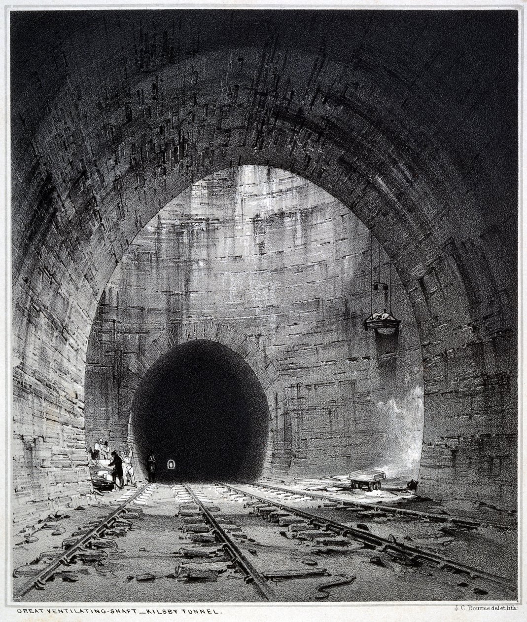 Skvělá ventilační šachta, Kilsby Tunnel, Northamptonshire, 1838 (pero a inkoust a mytí na papíře) od John Cooke Bourne