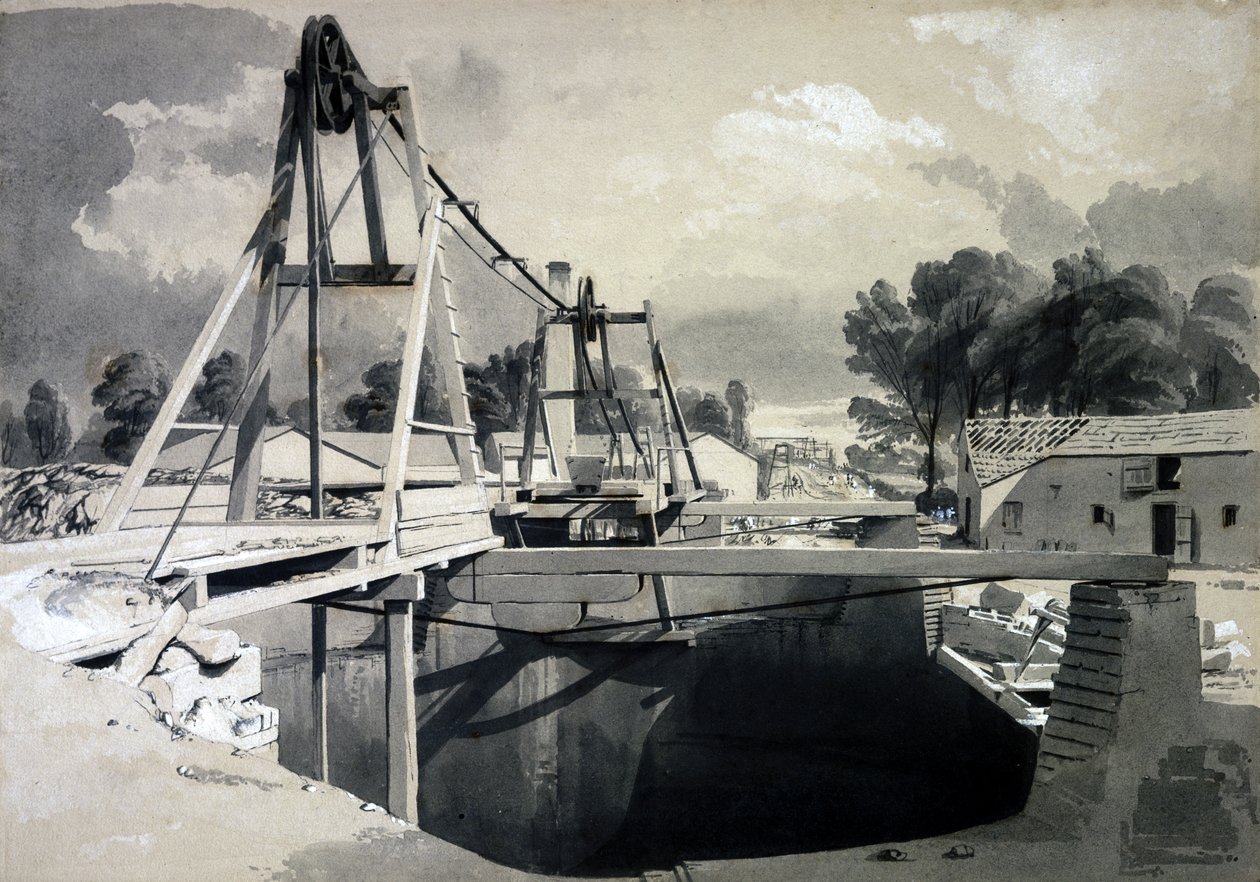 Skvělá ventilační šachta a pokrývka hlavy, Kilsby Tunnel, 15. července 1837 (pero, inkoust a mytí na papíře) od John Cooke Bourne