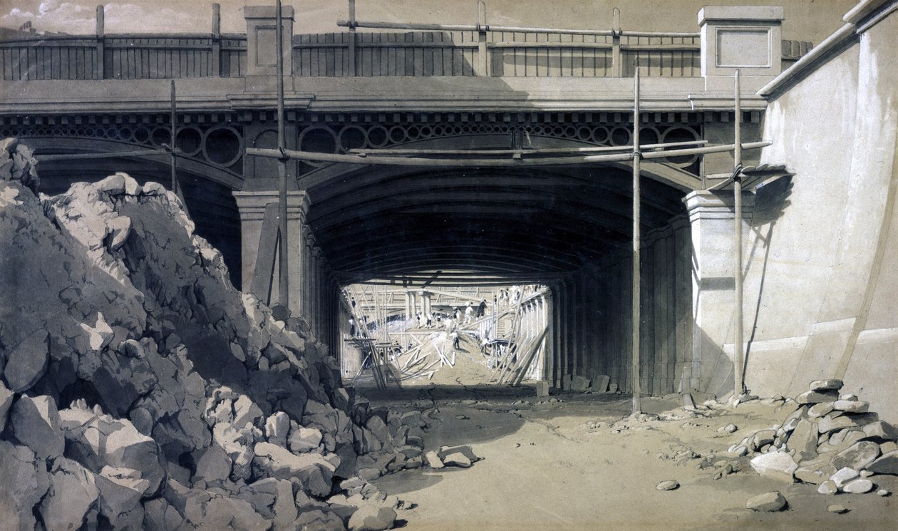 Hampstead Road Bridge, září 1836 (pero, inkoust a mytí na papíře) od John Cooke Bourne