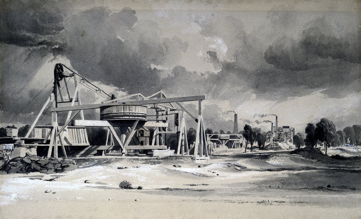 Pokrývky hlavy a pumpy v Kilsby Tunnel, Northamptonshire, 16. července 1837 (pero, inkoust a mytí na papíře) od John Cooke Bourne