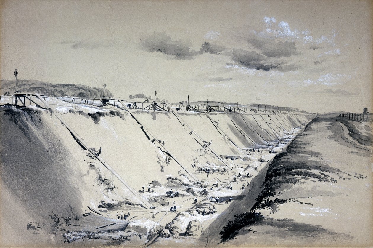 Horse-Runs at Tring Cutting, Hertfordshire, 19. června 1837 (pero, inkoust a mytí na papíře) od John Cooke Bourne