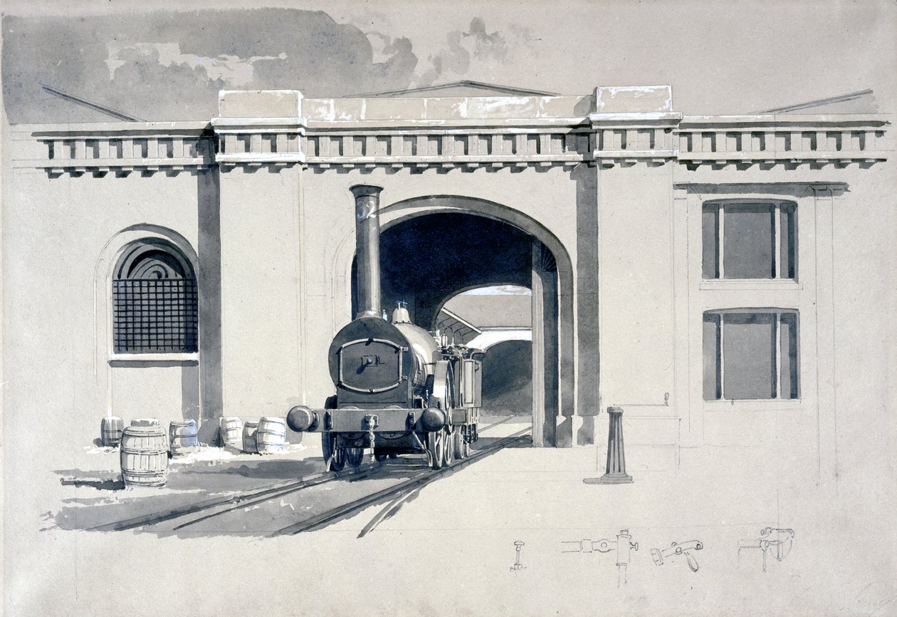 Locomotive Engine House, Camden Town, 1839 (pero, inkoust a mytí na papíře) od John Cooke Bourne