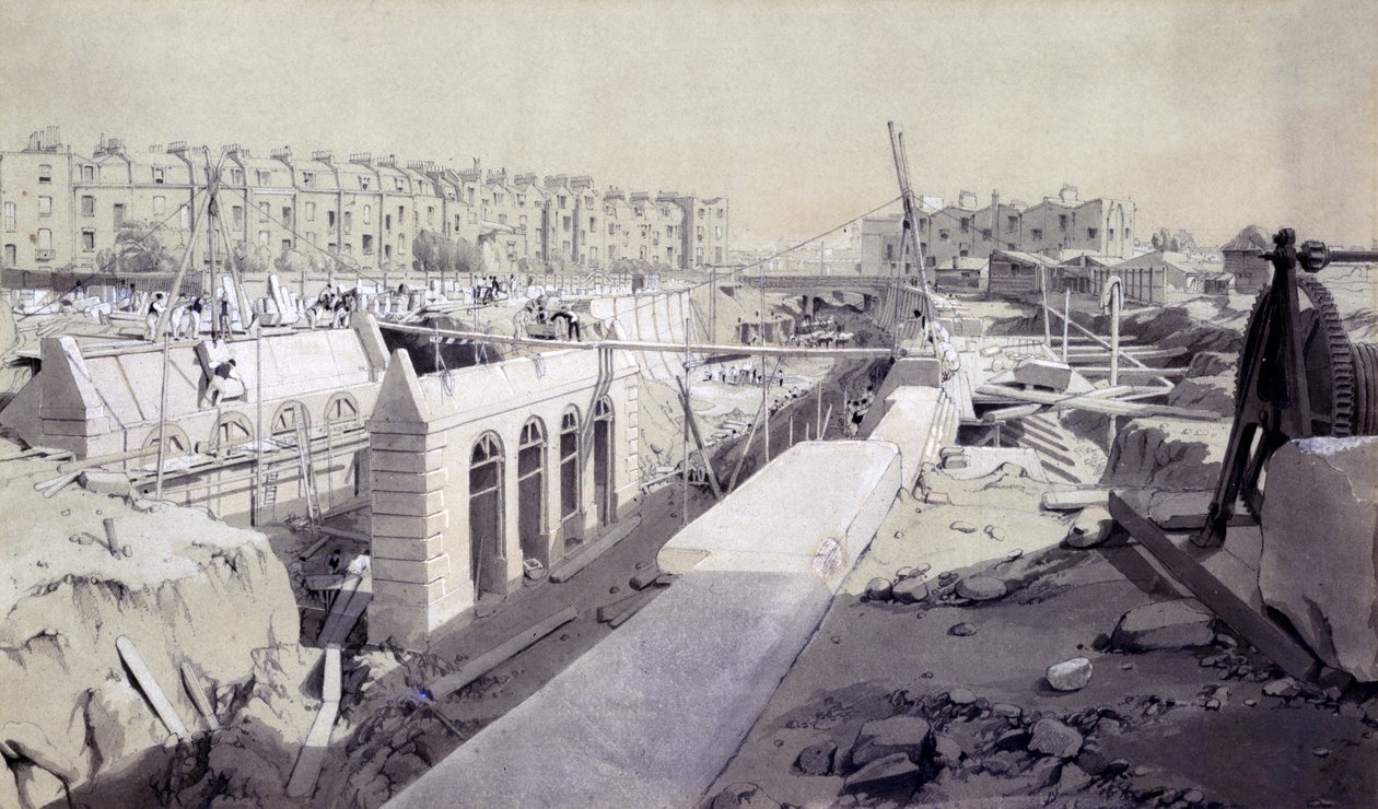 Mornington Crescent - Line ve výstavbě, září 1836 (pero a inkoust a mytí na papíře) od John Cooke Bourne