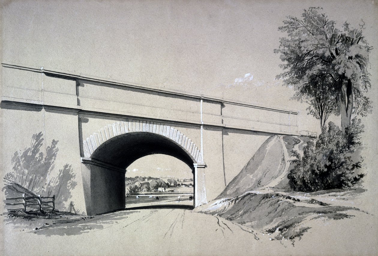 Oblique Bridge, Boxmoor, Hertfordshire, 12. června 1837 (pero, inkoust a mytí na papíře) od John Cooke Bourne