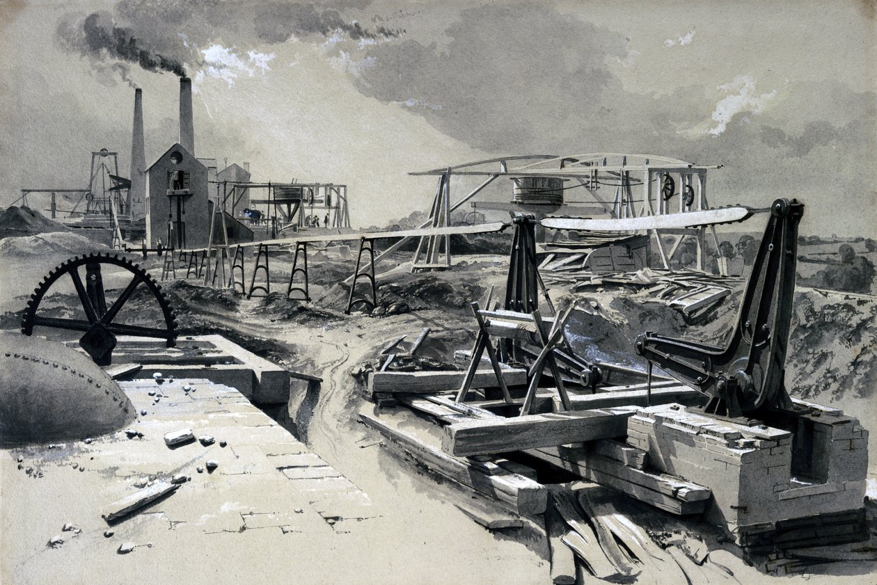 Čerpadla, ventilační šachta, Kilsby Tunnel, Northamptonshire, 15. července 1837 (pero, inkoust a mytí na papíře) od John Cooke Bourne