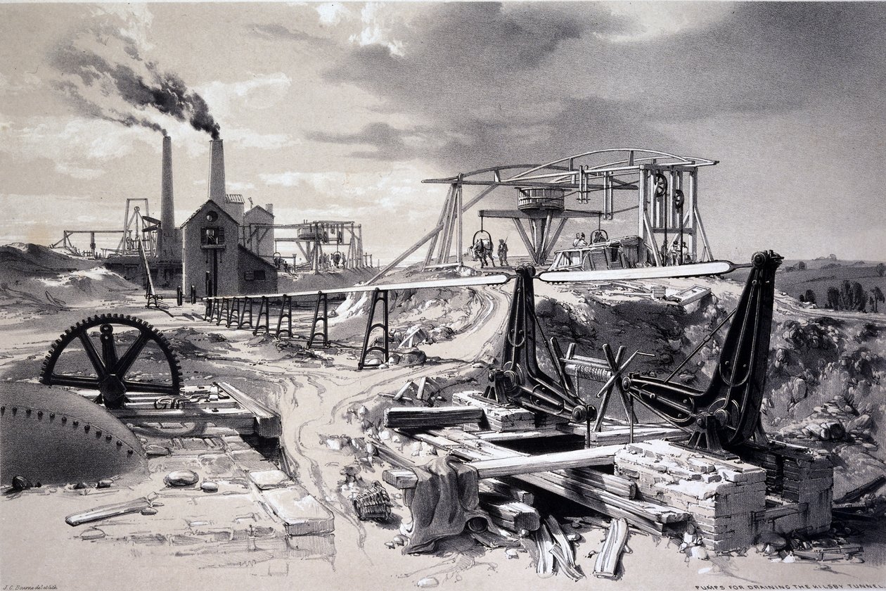 Čerpadla, ventilační šachta, Kilsby Tunnel, Northamptonshire, 15. července 1837 (pero, inkoust a mytí na papíře) od John Cooke Bourne