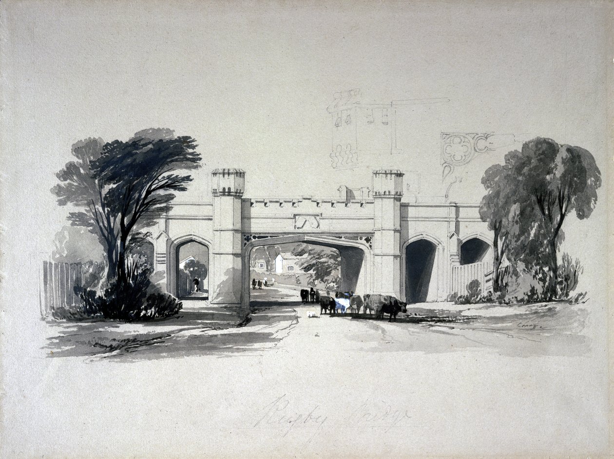 Ragbyové železniční mosty při pohledu ze silnice, Warwickshire, duben 1839 (pero, inkoust a mytí na papíře) od John Cooke Bourne