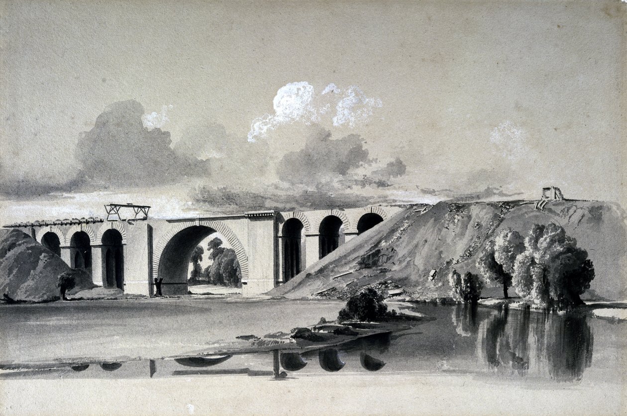 Sherbournský viadukt, poblíž Coventry, 27. července 1837 (pero, inkoust a mytí na papíře) od John Cooke Bourne
