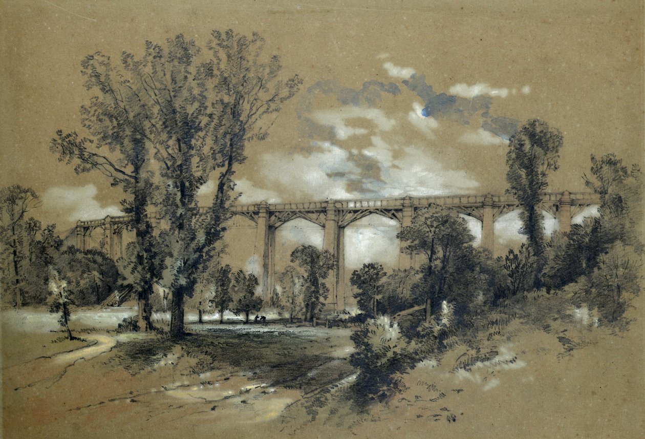 Blatchfordský viadukt, kolem 1835-38 (tužka s lavírováním na papíře) od John Cooke Bourne