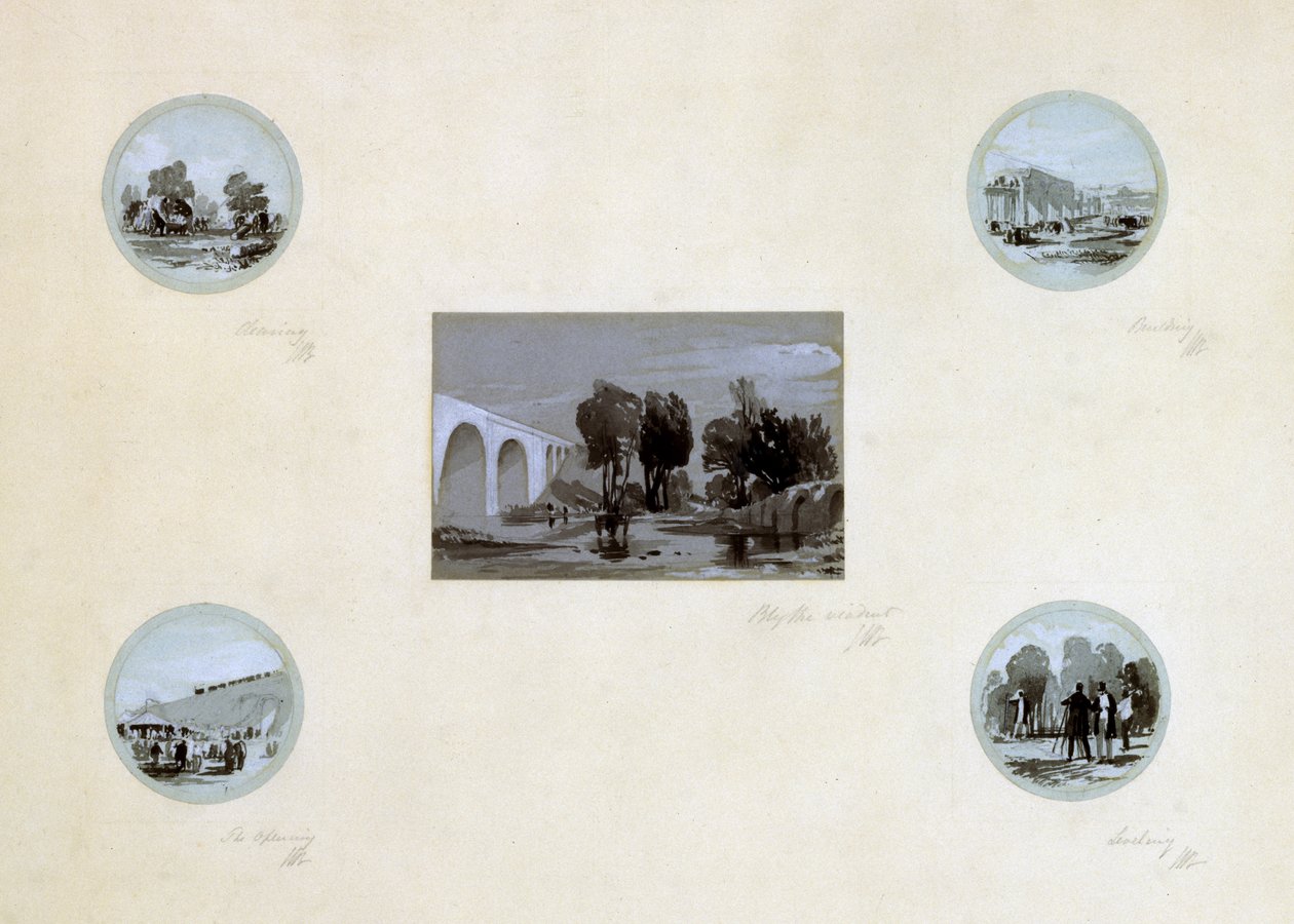 Čištění, stavění, vyrovnávání a otevírání LBR, c.1838 (pero a inkoust a mytí na papíře) od John Cooke Bourne