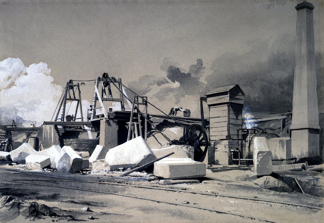 Ventilační hřídel a navíjecí motor, Kilsby Tunnel, 18. července 1837 (pero & in a mytí na papíře) od John Cooke Bourne