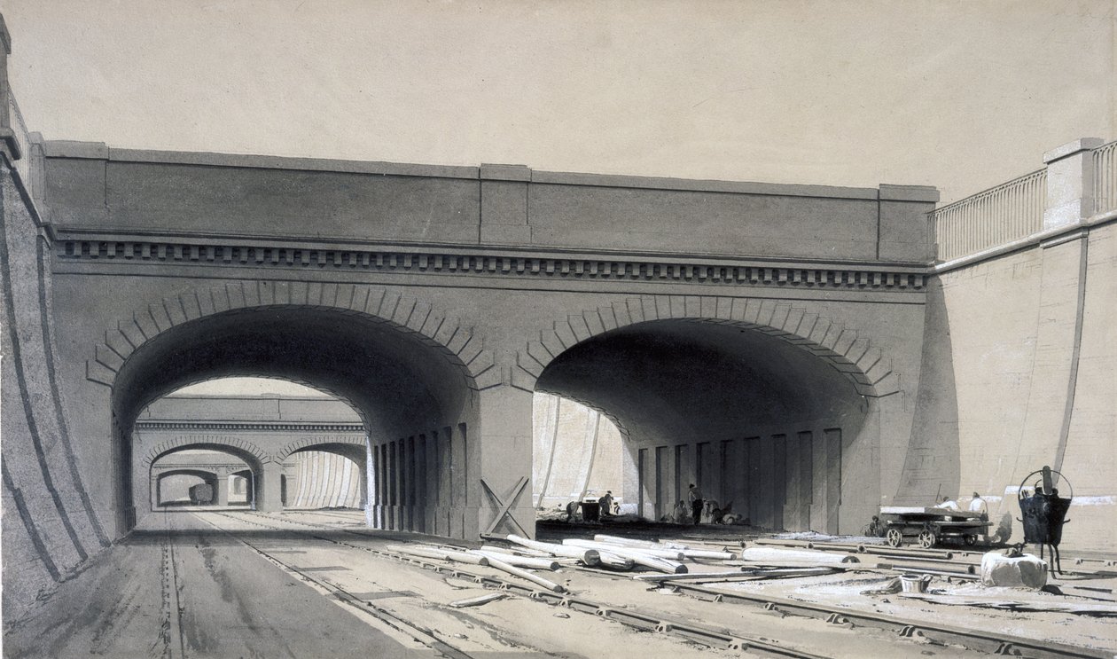 Pohled poblíž nádraží Euston se třemi mosty, září 1837 (pero, inkoust a mytí na papíře) od John Cooke Bourne