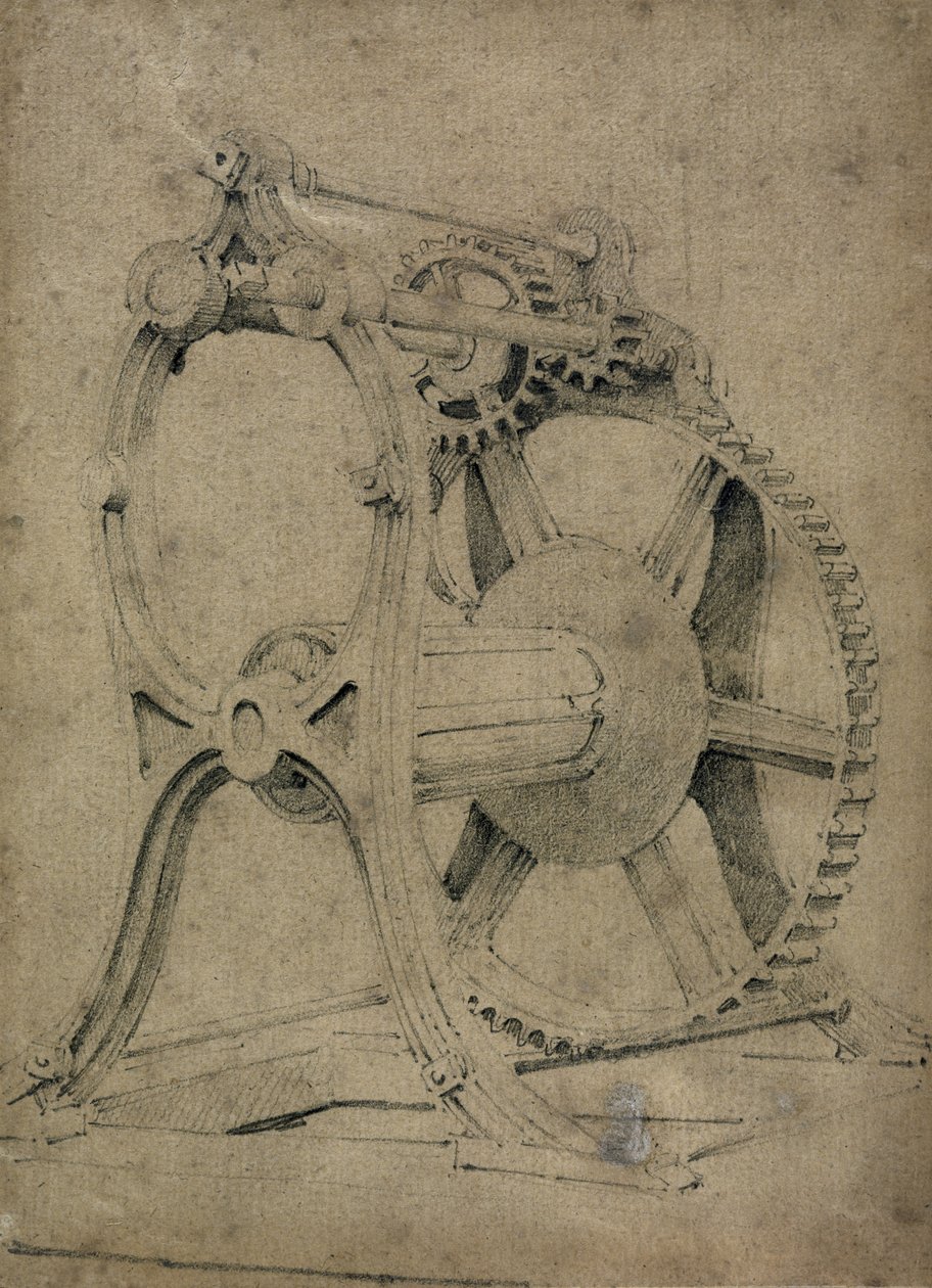 Naviják nebo krabí mechanismus pro navíjení řetězů, 30. léta 19. století (pero a inkoust a mytí na papíře) od John Cooke Bourne