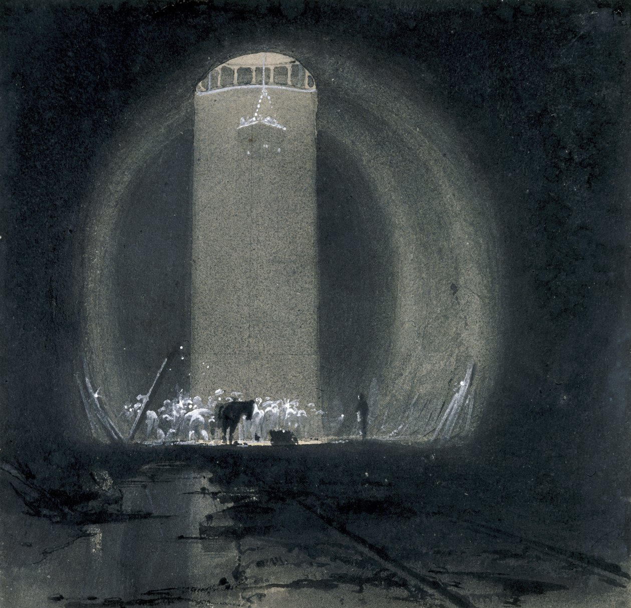 Pracovní šachta, Kilsby Tunnel, Northamptonshire, 8. července 1837 (pero, inkoust a mytí na papíře) od John Cooke Bourne