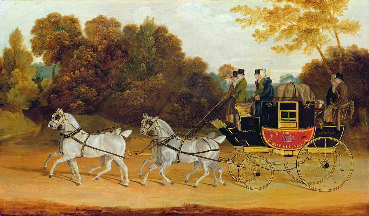 "Wellingtonský kočár" (Pošta Newcastle-York-Londýn), asi 1818 (olej na desce) od John Cordrey