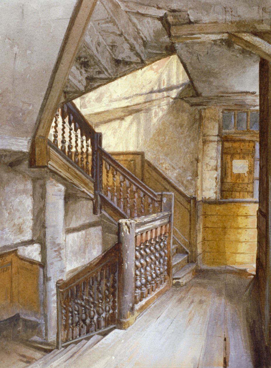 Vnitřní pohled na schodiště v domě v White Lion Court, Westminster, Londýn, 1880 od John Crowther