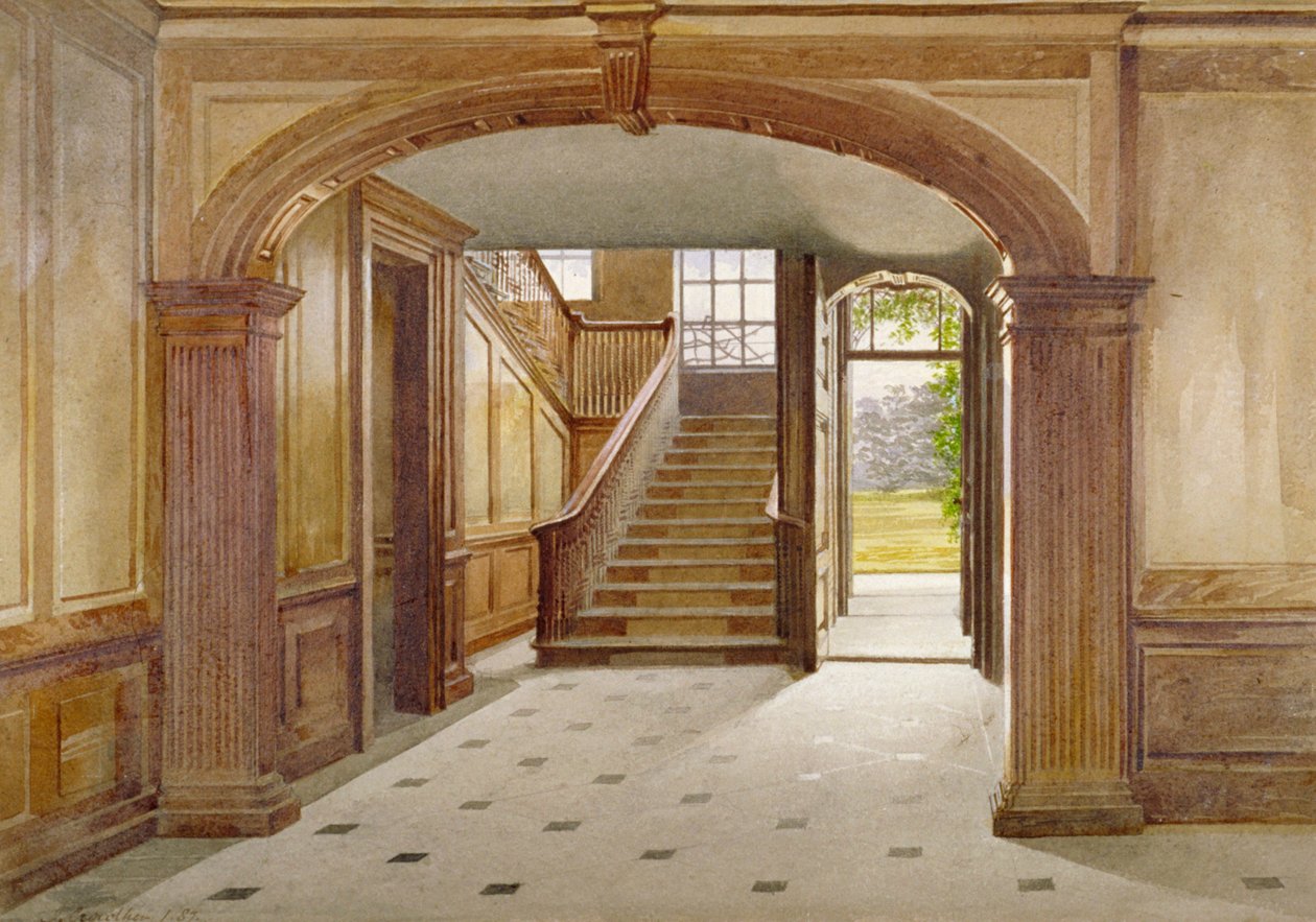 Vnitřní pohled ukazující schodiště ve Fairfax House, High Street, Putney, Londýn, 1887 od John Crowther