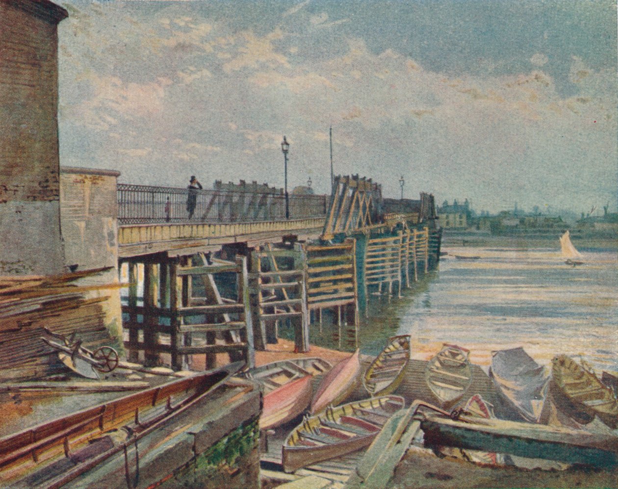Old Battersea Bridge, ze severního břehu, při pohledu přes řeku Temži, Londýn, 1885 1926 od John Crowther