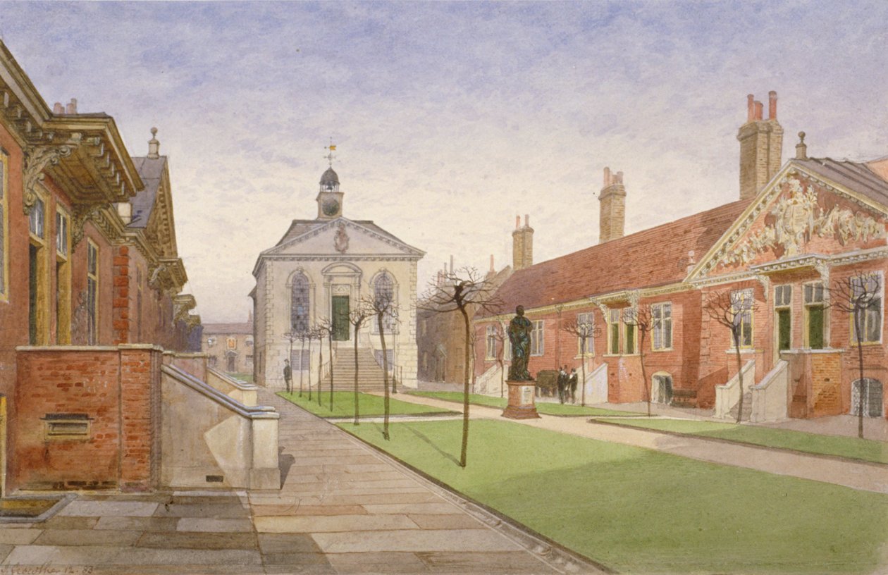 Trinity Almshouses a Trinity Chapel, Mile End Road, Stepney, Londýn, 1883 od John Crowther