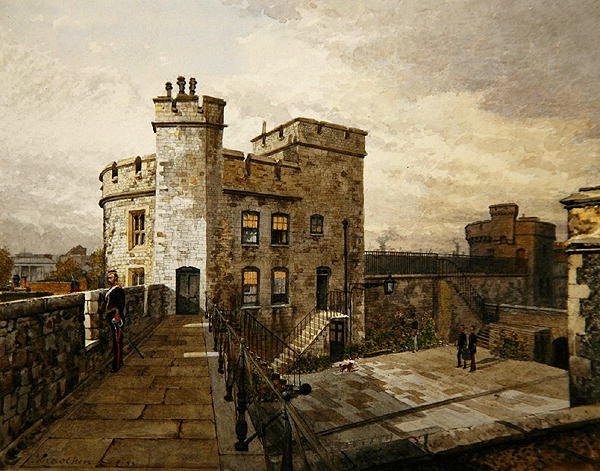 Pohled na Devereux Tower, Tower of London, s postavami ve vojenském oblečení od John Crowther