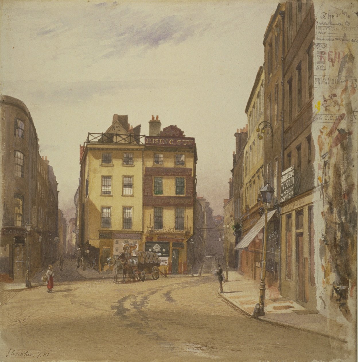 Pohled na Wych Street a Holywell Street, Westminster ukazující Rising Sun Tavern, 1881 (wc na papíře) od John Crowther