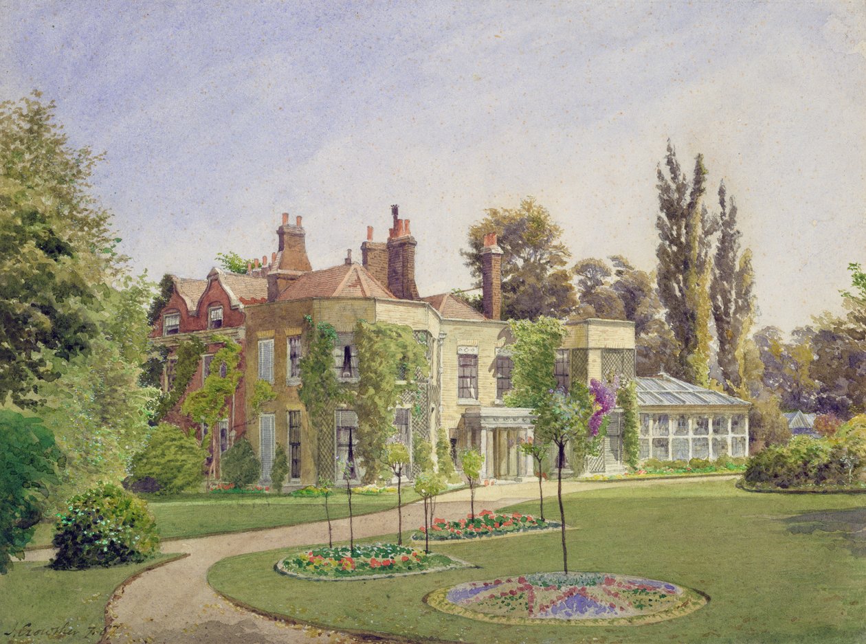 Pohled na přední vchod a zahradu v Raleigh House, Brixton Hill, Lambeth, 1887 od John Crowther