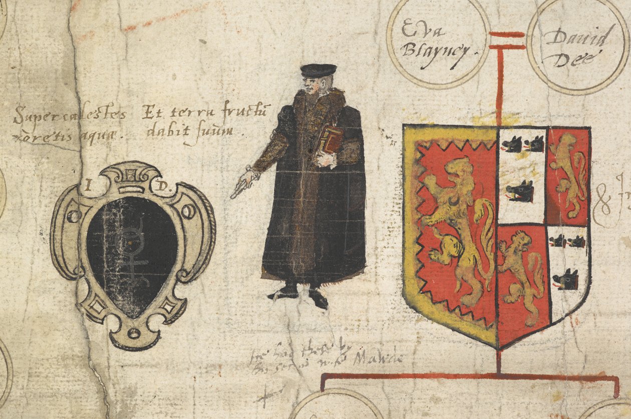 Detail z Genealogické knihy o původu Johna Dee… ukazující jeho příbuznost s panovníky z rodu Tudorovců od John Dee