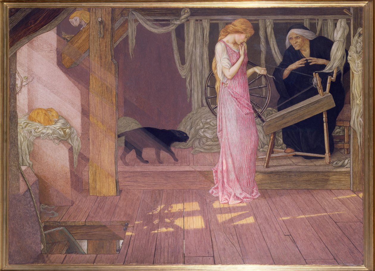 Šípková Růženka: Princezna píchne do prstu (tempera) od John Dickson Batten