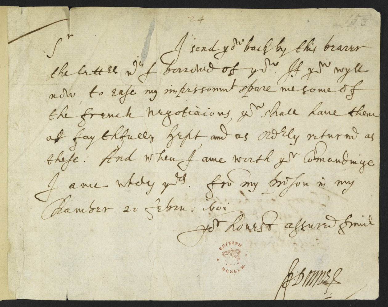 Cotton Julius C. III, f.153 Autogramový dopis Johna Donna Siru Robertu Cottonovi, psaný z vězení, 20. února 1601 (inkoust na papíře) od John Donne