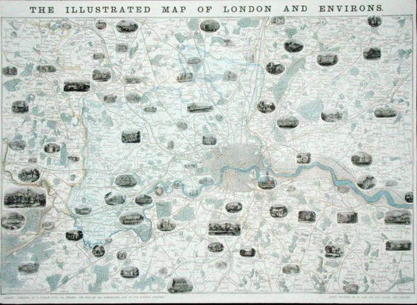 Ilustrovaná mapa Londýna a okolí, kolem 1845-55 (barevné lito) od John Dower