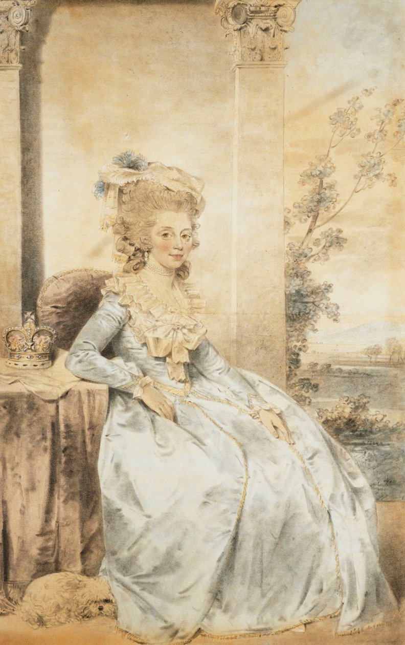 Portrét královny Charlotte, sedící u stolu s krajinou dál, 1784 od John Dowman