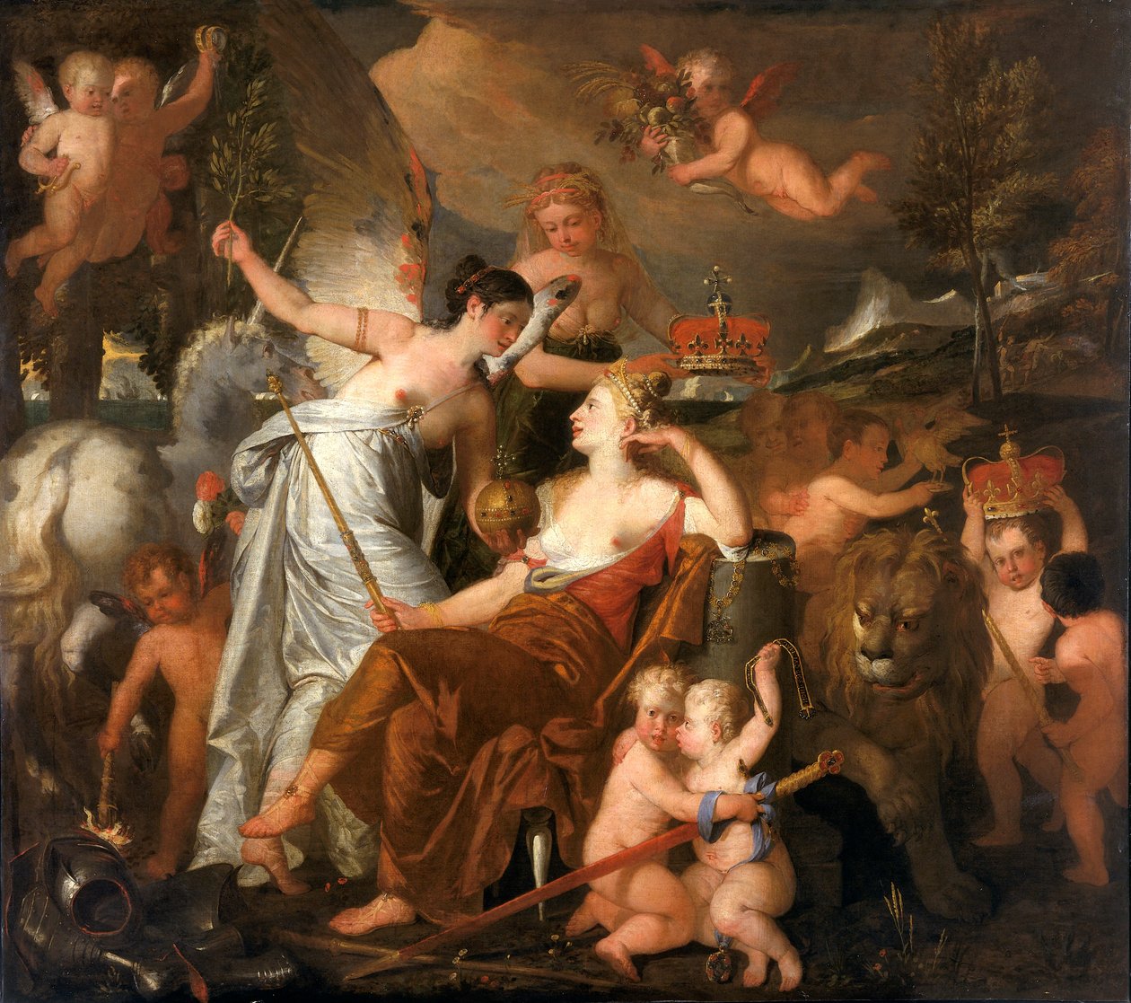 „Pozdní princezna ztělesňující mír korunující slávu Anglie odrážející se v Evropě“, 1819 od John Downman