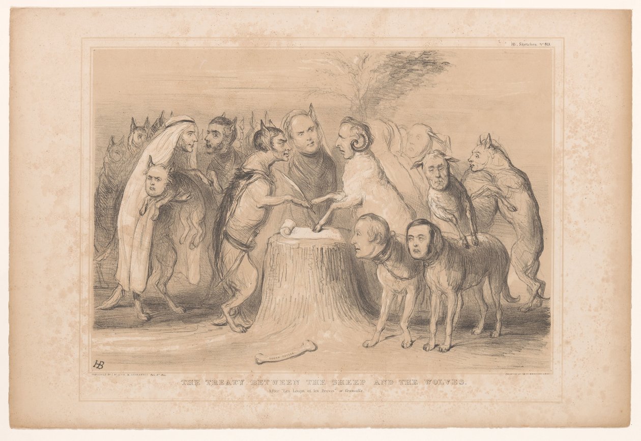 Pakt tussen de wolven en de schapen Smlouva mezi ovcemi a vlky. Po Les Loups et les Brevis z Granville (název na objektu) HB Sketches (název série na objektu) od John Doyle