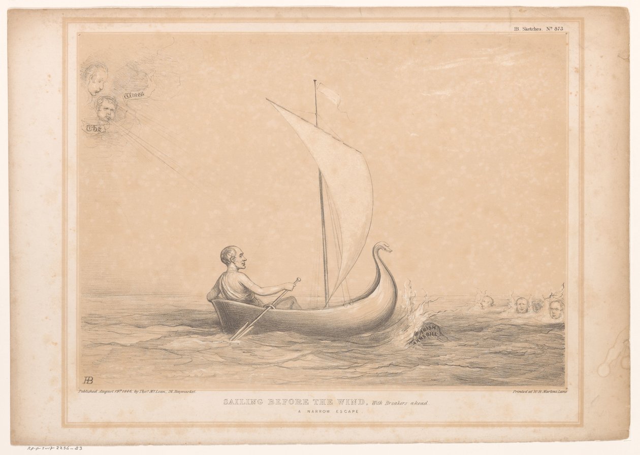 Spotprent se setkal s lordem Russellem v een zeilboot Plachtění před větrem, s Breakers napřed. Úzký únik (nadpis na objektu) HB Sketches (název série na objektu) od John Doyle