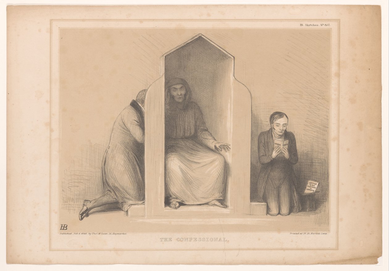 Spotprent potkal Roebuck als biechtvader Zpovědnice (titul na předmětu) HB Sketches (název série na objektu) od John Doyle