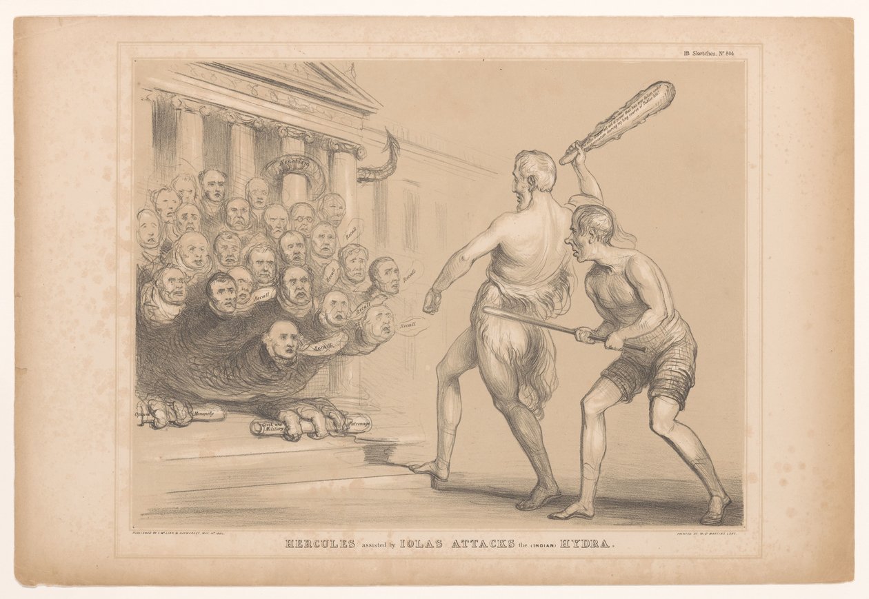Spotprent se setkal s Wellingtonem as Herculesem Hercules za pomoci Iolase útočí na (indickou) Hydru (titul na předmětu) HB Sketches (název série na objektu) od John Doyle