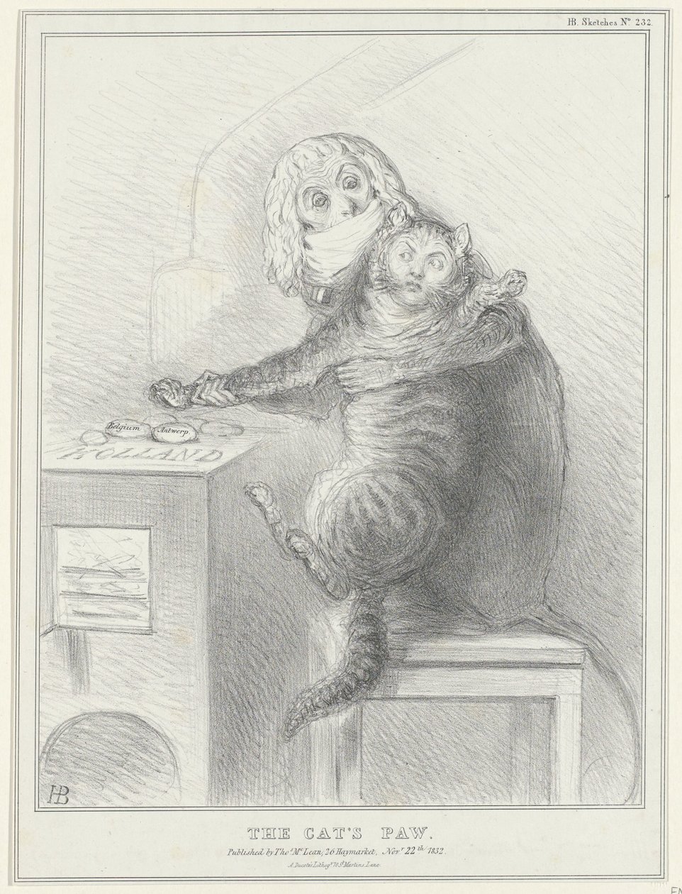 Spotprent op Talleyrand en Palmerston, 1832 Kočičí tlapka (název na předmětu) Politické náčrty (název série) od John Doyle
