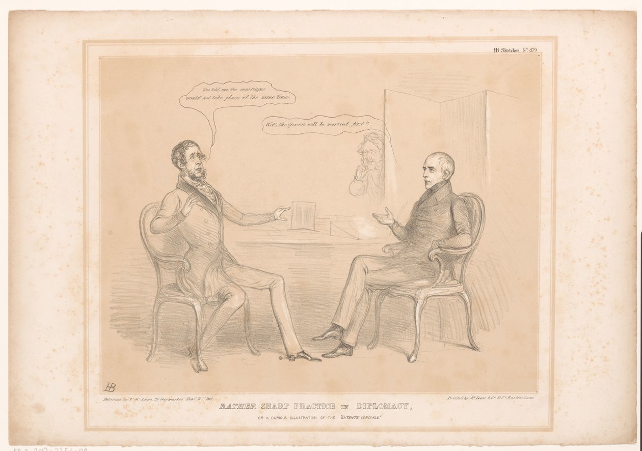 Spotprent na koninklijke huwelijken Poněkud ostrá praxe v diplomacii nebo kuriózní ilustrace Entente Cordiale (název na předmětu) HB Sketches (název série na objektu) od John Doyle