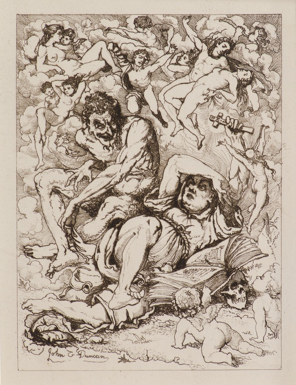 Ležící postava držící kříž, ďábel sedí poblíž Obklopen plovoucími figurami (lept) od John Duncan