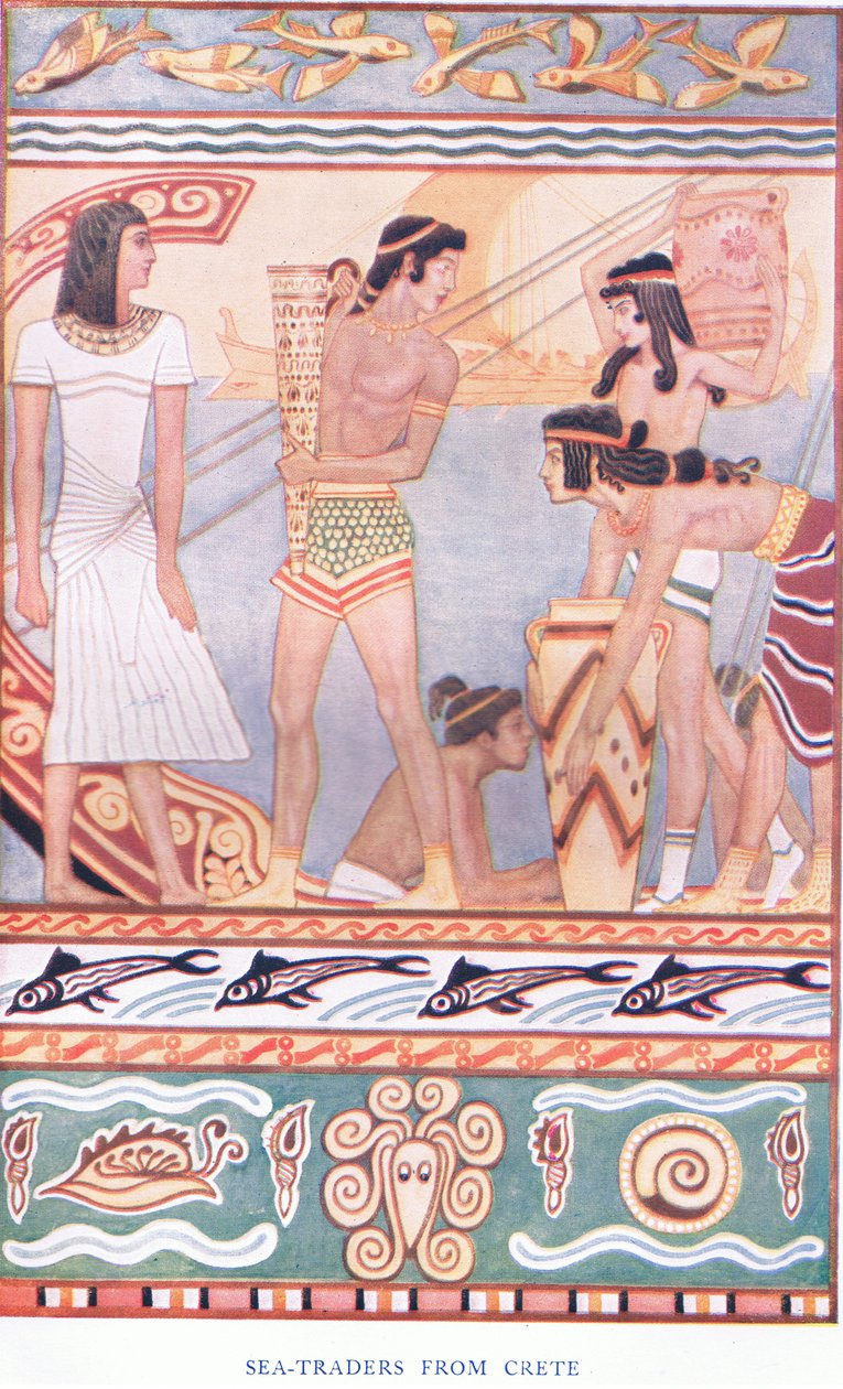 Námořní obchodníci z Kréty, ilustrace z Mýtů Kréty a hospody Prehelénská Evropa. Gresham Publishing Company Limited 20. léta 20. století od John Duncan