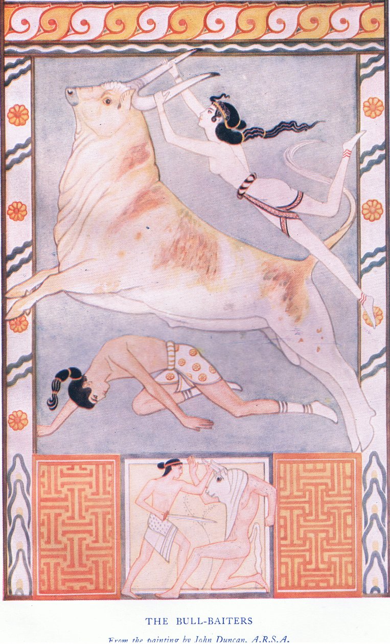 The Bull Baiters, ilustrace z Myths of Crete a Pre-hellenic Europe pub. Gresham Publishing Company Limited 20. léta 20. století od John Duncan
