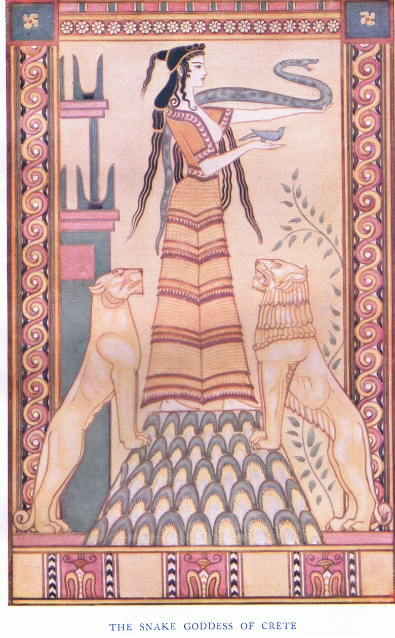Hadí bohyně Kréty, ilustrace z mýtů Kréty a hospody Prehelénská Evropa. Gresham Publishing Company Limited 20. léta 20. století od John Duncan