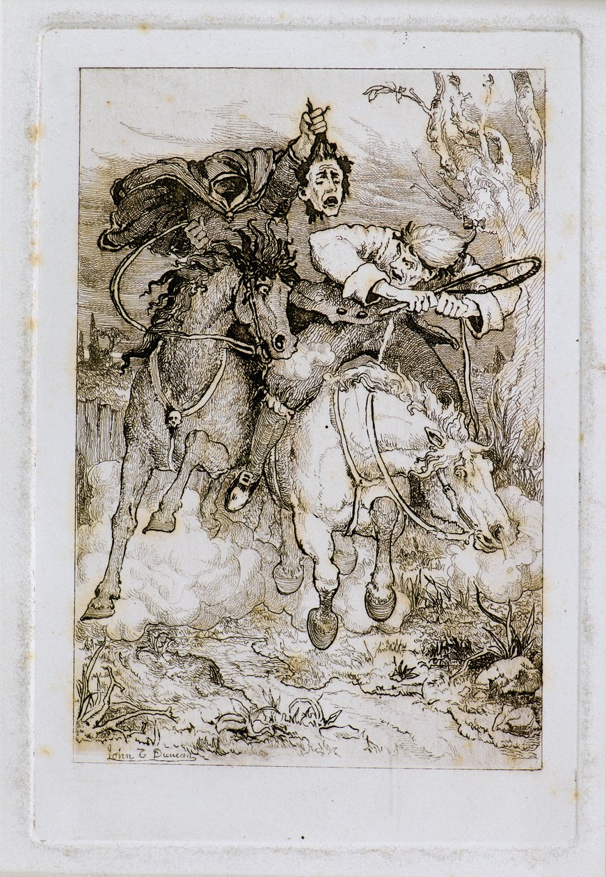 Dva cválající jezdci [jeden s vlastní hlavou] (lept) od John Duncan